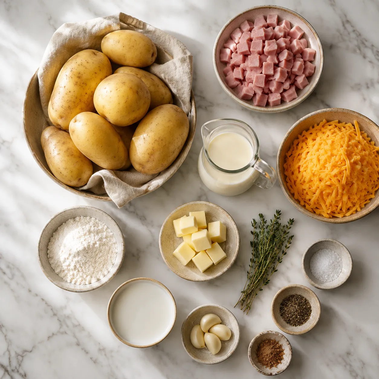 Ingredients for scalloped potatoes and ham including Yukon Gold potatoes, ham, cheddar, and cream
