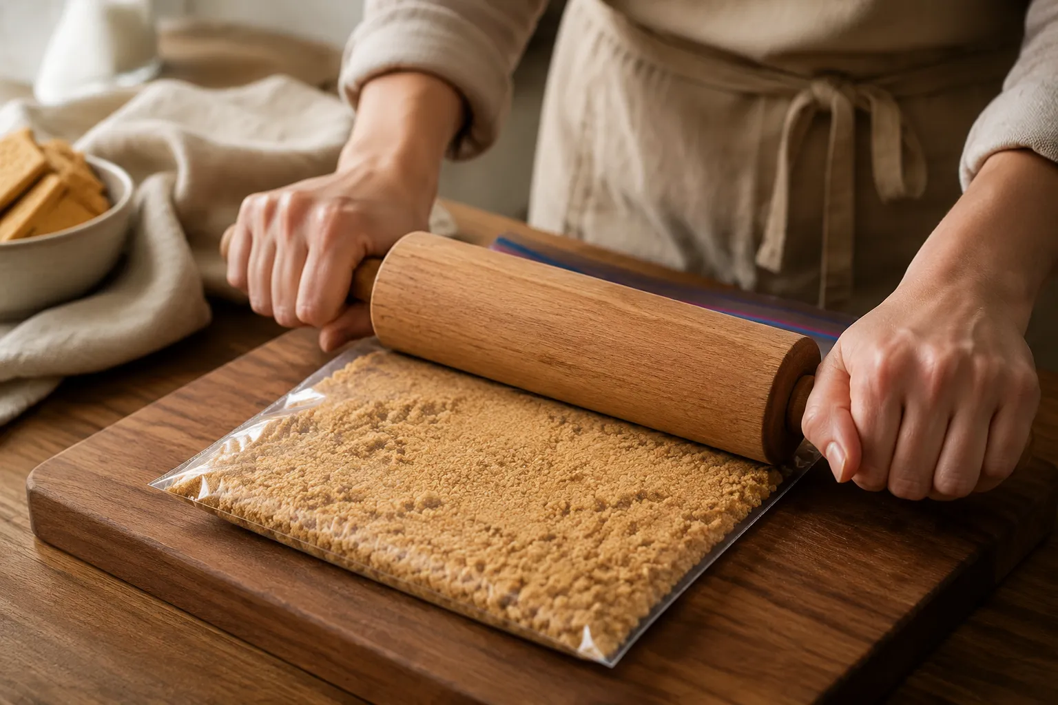 Crushing graham crackers into crumbs for the crust