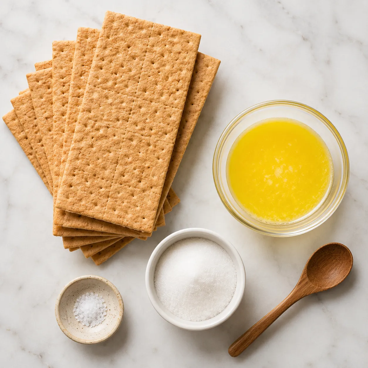 Ingredients for graham cracker crust laid out on marble