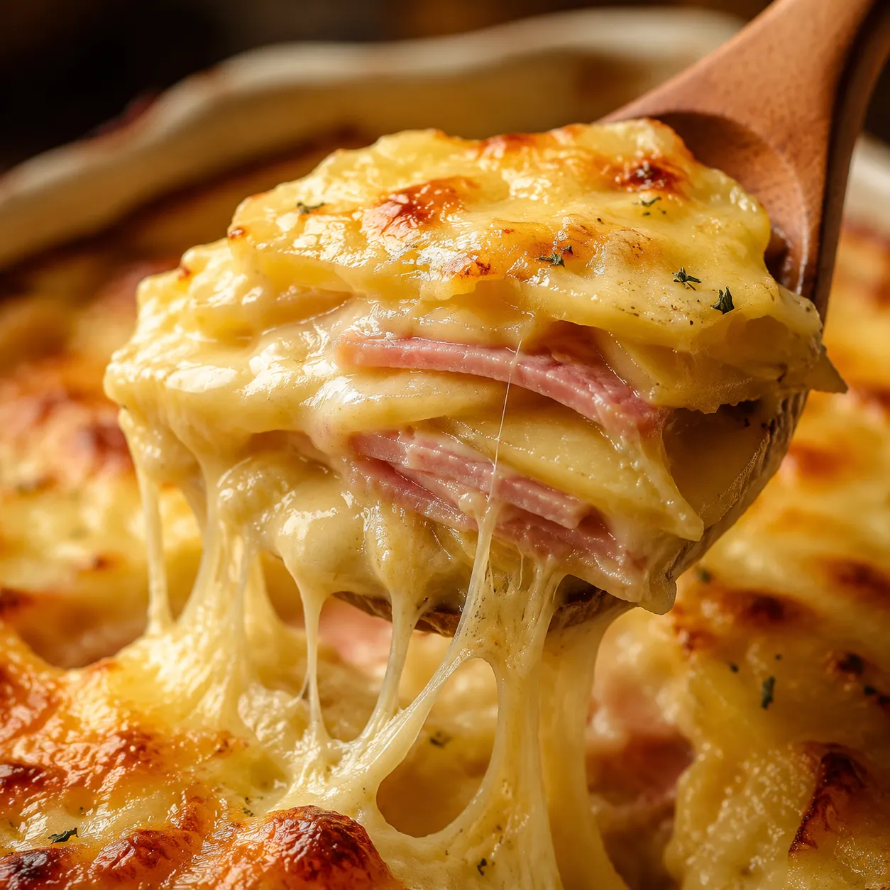 Close-up of cheesy scalloped potatoes and ham with melty cheese pull