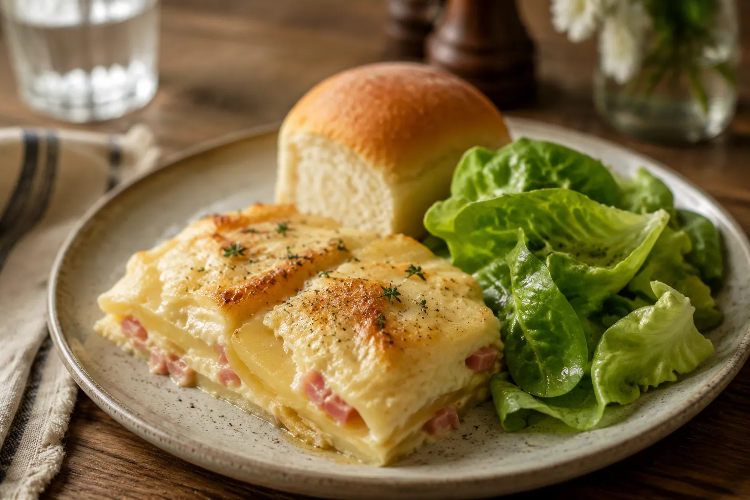 Plated scalloped potatoes and ham served with salad and a dinner roll