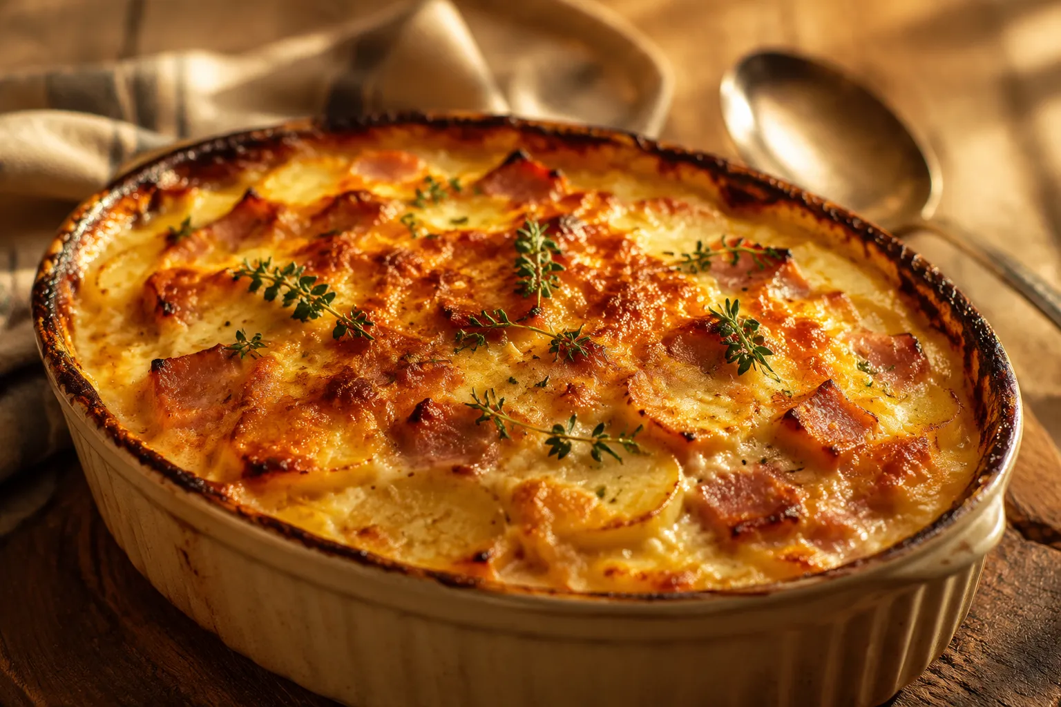 Finished scalloped potatoes and ham baked golden brown with fresh thyme
