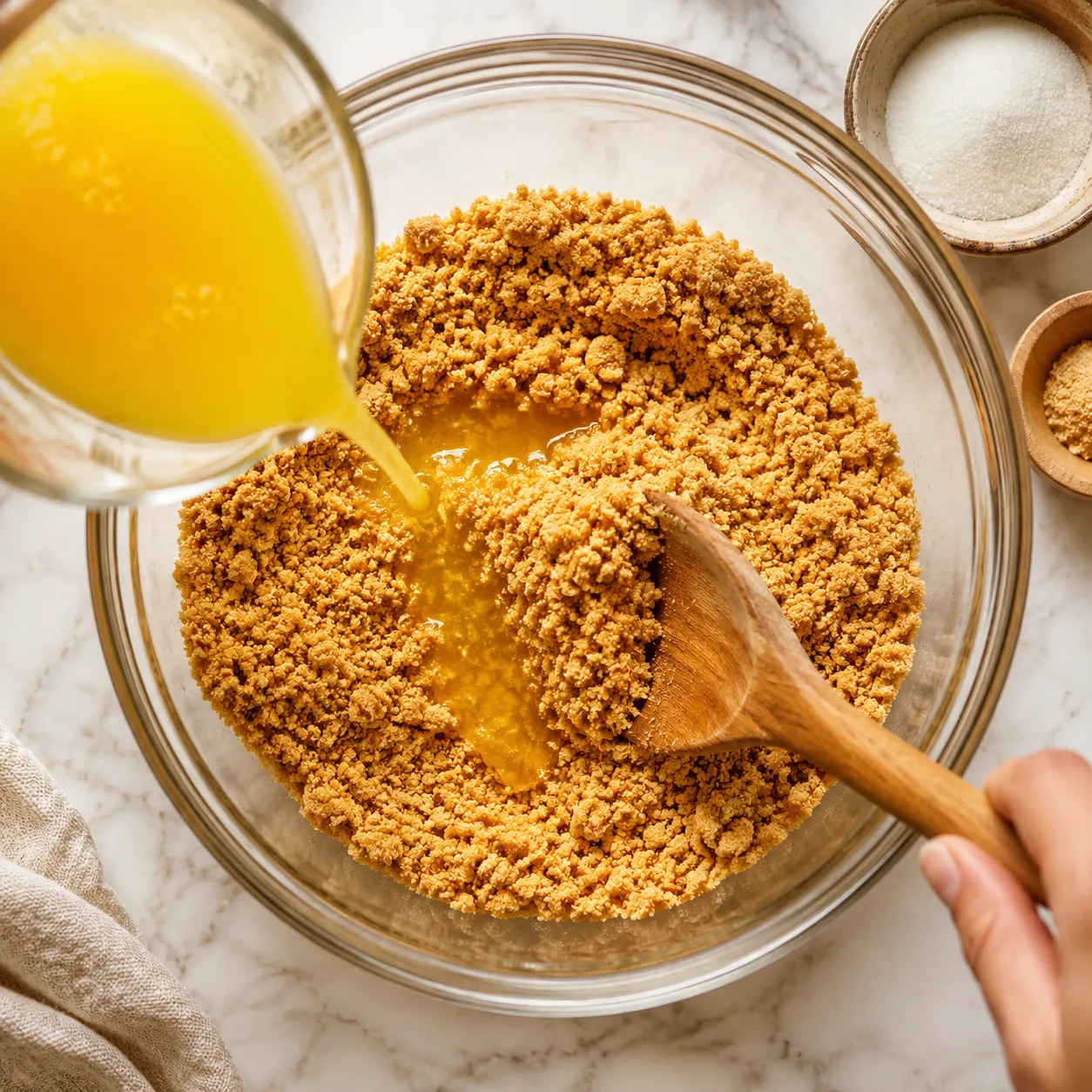 Mixing graham cracker crumbs with melted butter and sugar