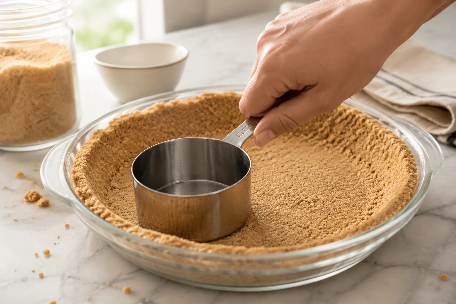Pressing graham cracker crust firmly into a pie pan