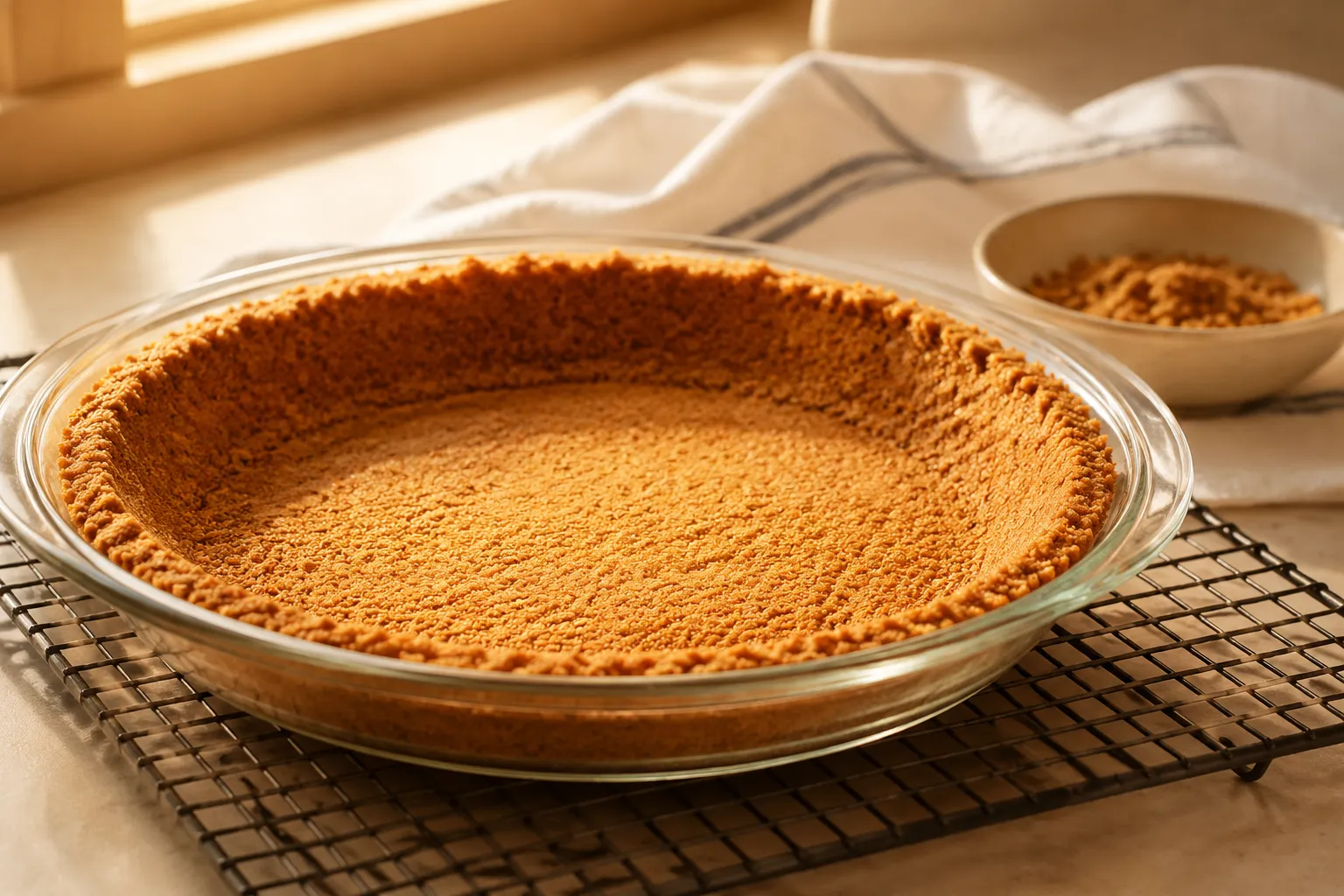 Baked graham cracker crust cooling on a wire rack
