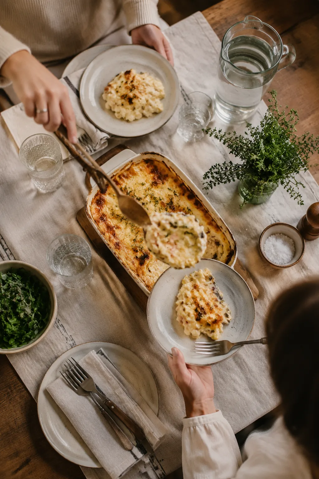 Family serving scalloped potatoes and ham at a cozy dinner table