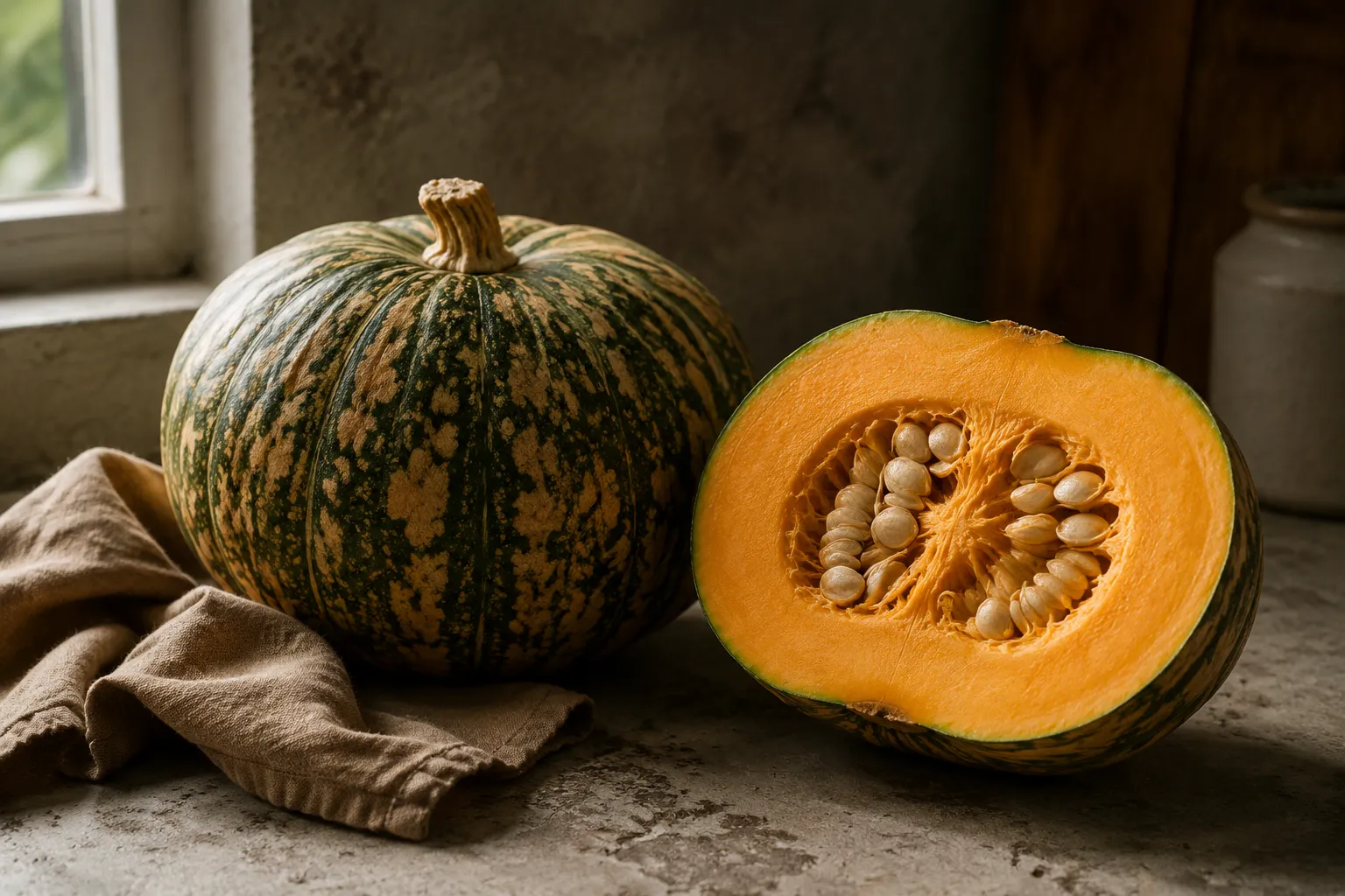 Whole and halved calabaza squash showing orange flesh and seeds