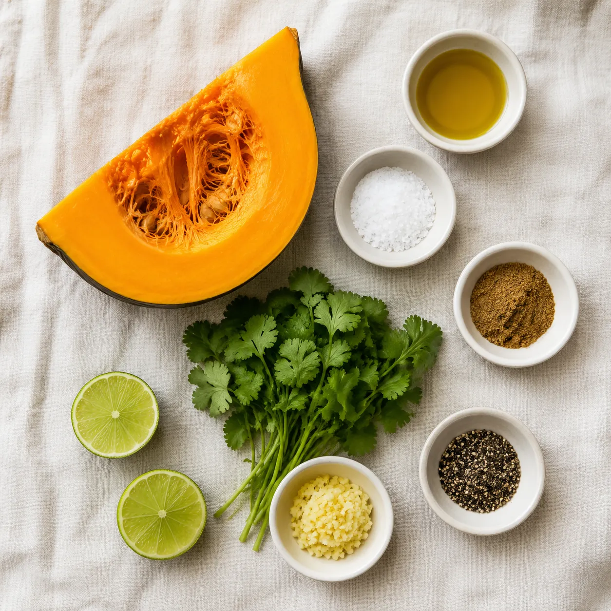 Calabaza recipe ingredients flatlay with squash, garlic, lime, and cumin