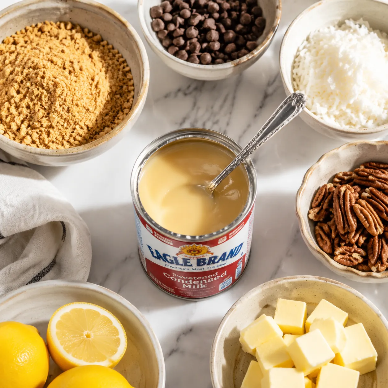 Condensed milk and dessert ingredients flatlay with graham crackers and chocolate chips