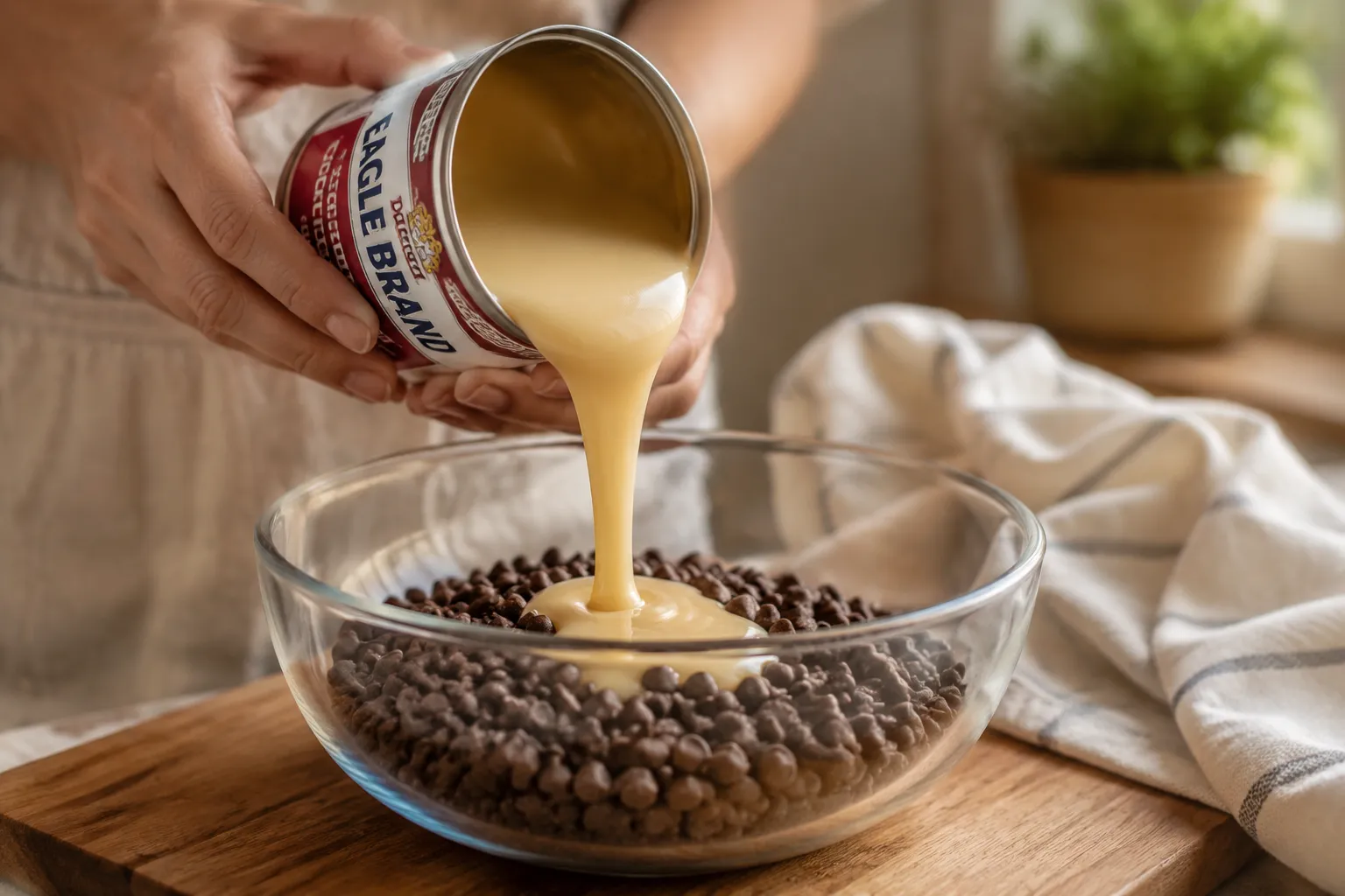 Pouring sweetened condensed milk into chocolate chips for easy fudge