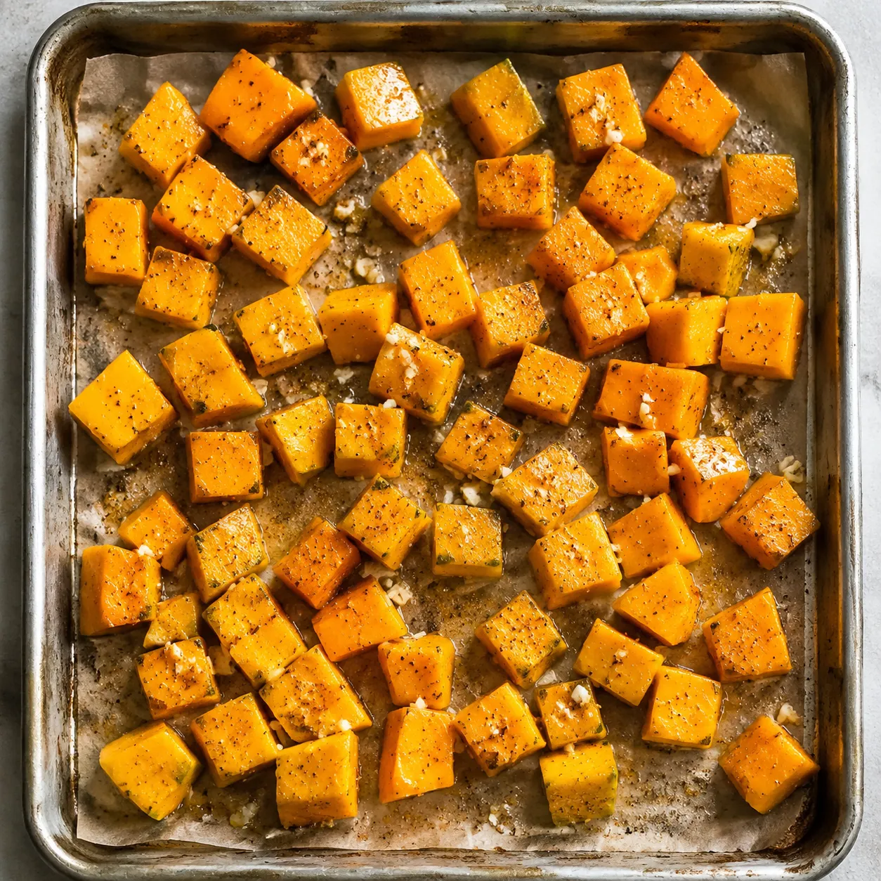 Cubed calabaza tossed with olive oil and spices on a sheet pan