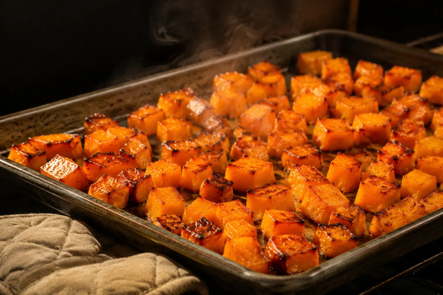 Roasted calabaza cubes with caramelized edges on a sheet pan