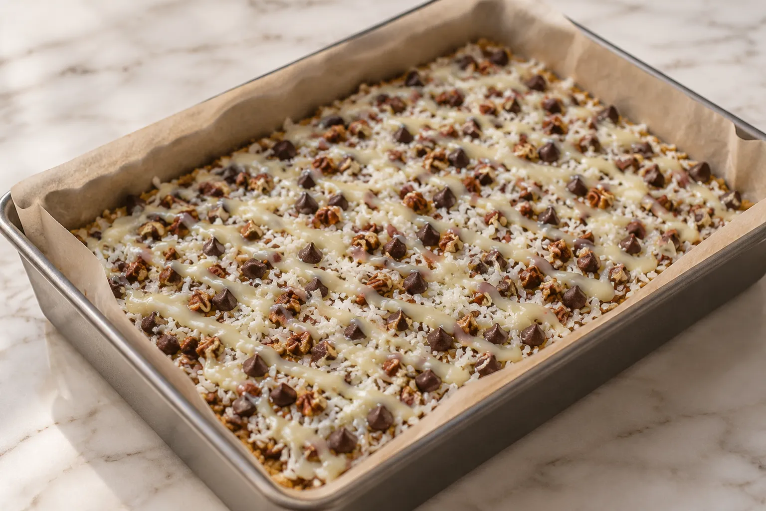 Layered magic cookie bars with condensed milk drizzle before baking