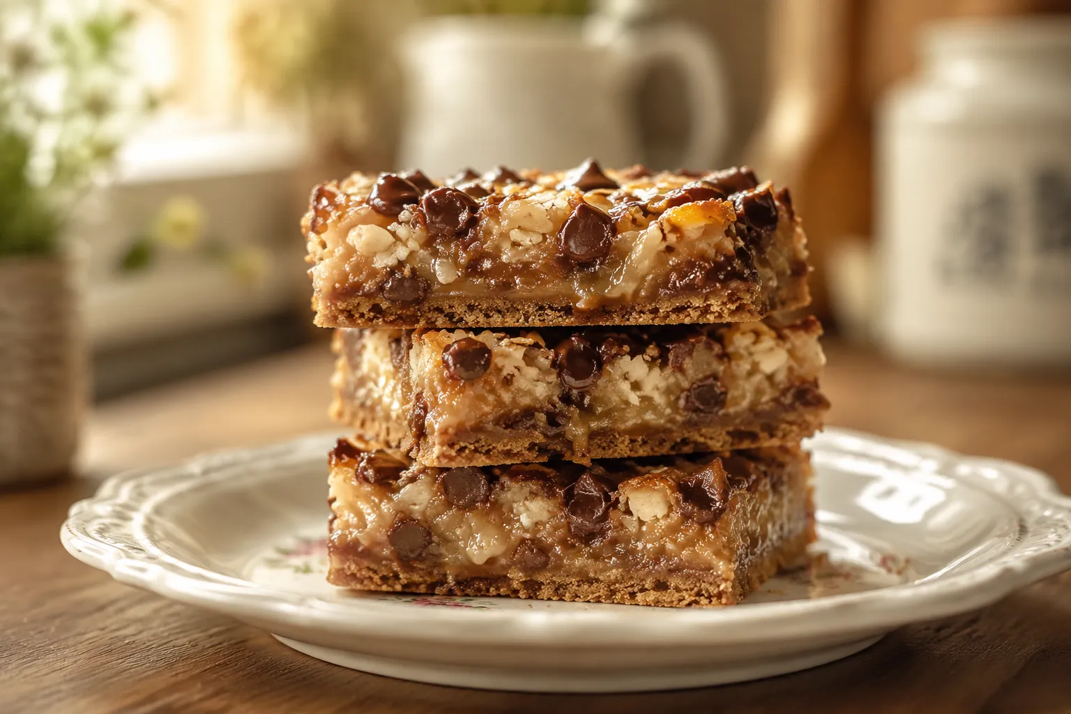 Sliced magic cookie bars made with sweetened condensed milk on a white plate
