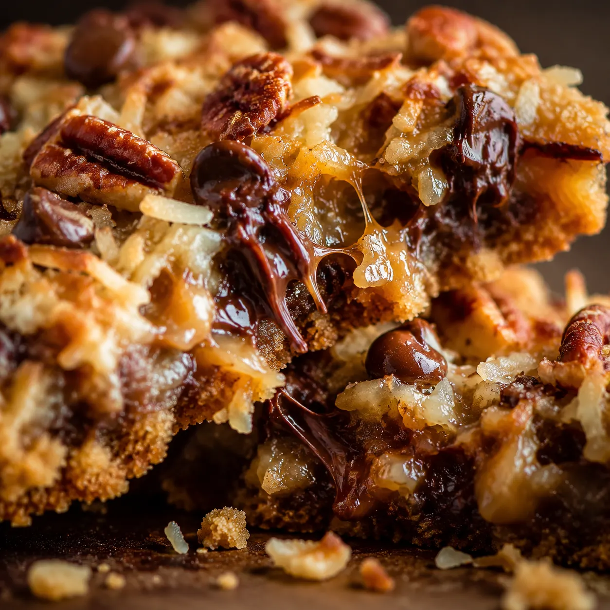 Close-up of gooey magic bar interior with melted condensed milk caramel