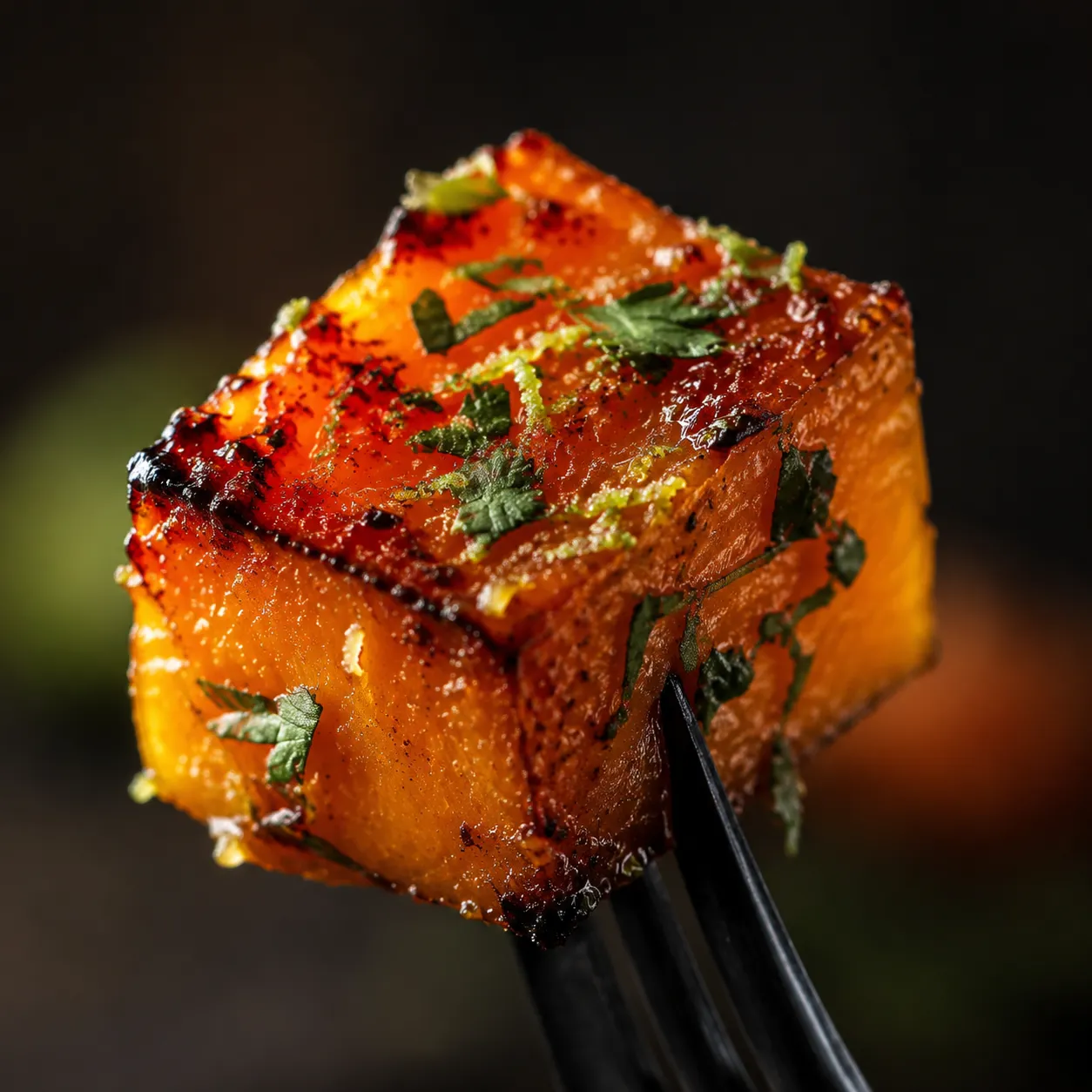 Close-up of roasted calabaza cube with caramelized edges and cilantro