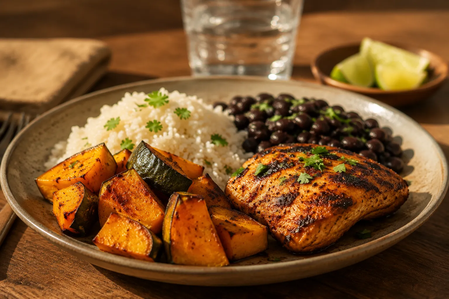 Roasted calabaza served with rice, beans, and grilled chicken