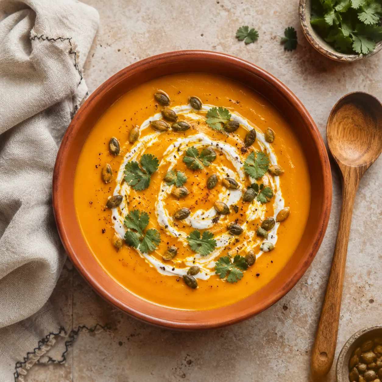 Sopa de calabaza Caribbean pumpkin soup with cream and pumpkin seeds
