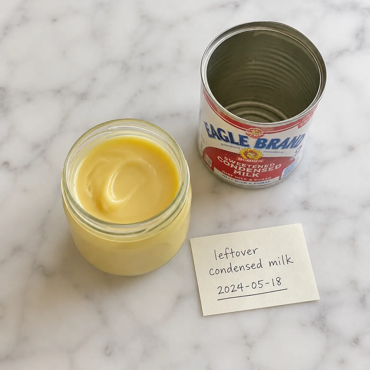 Storing leftover sweetened condensed milk in a glass jar with date label