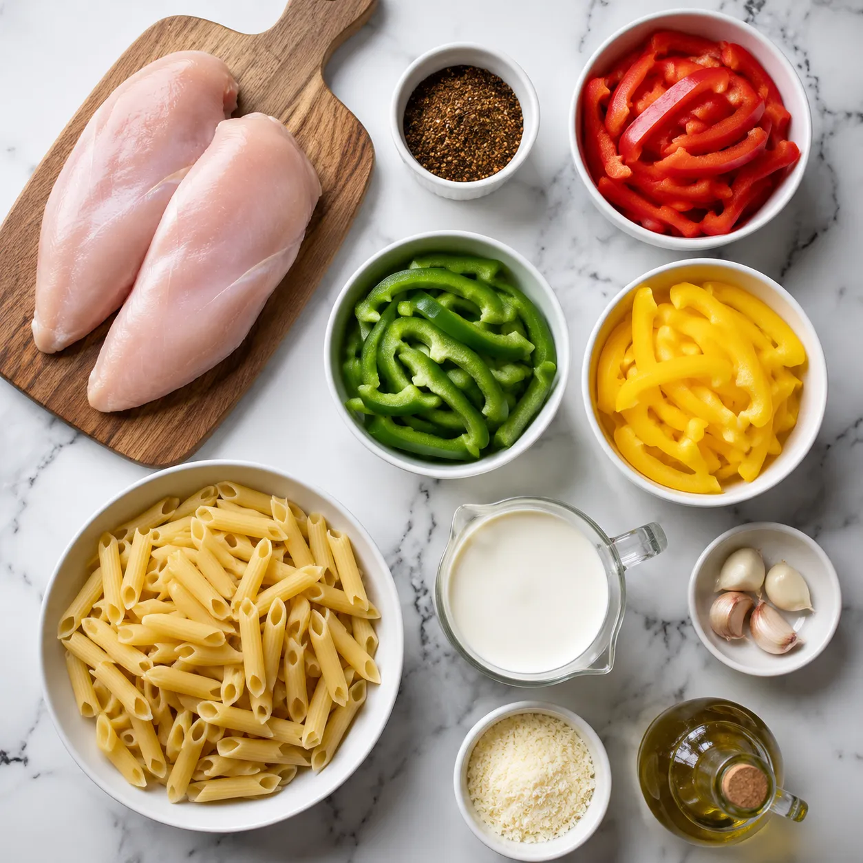 Rasta pasta recipe ingredients flatlay with chicken, jerk seasoning, bell peppers, penne, and cream