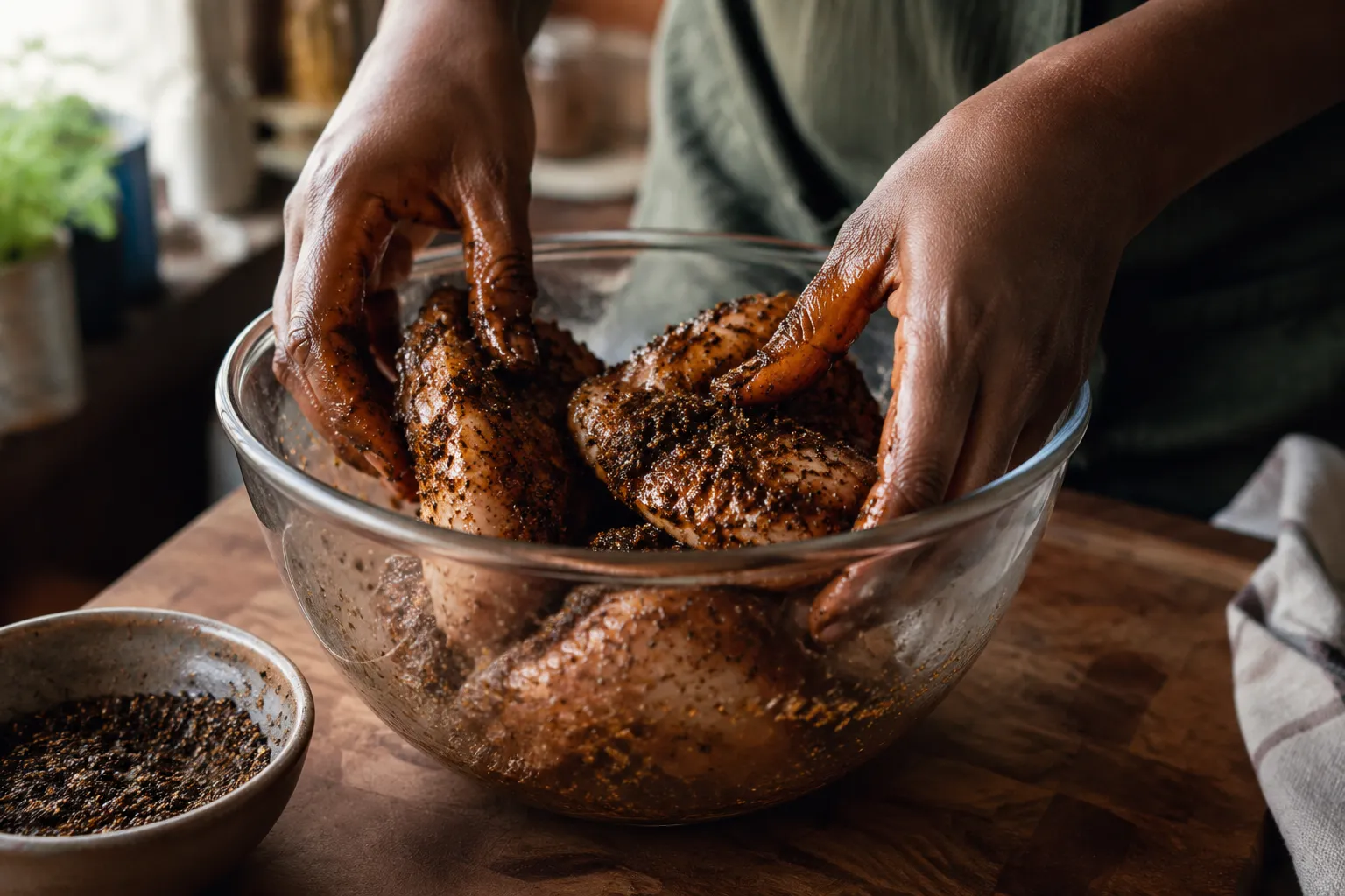 Hands marinating chicken with jerk seasoning for rasta pasta recipe