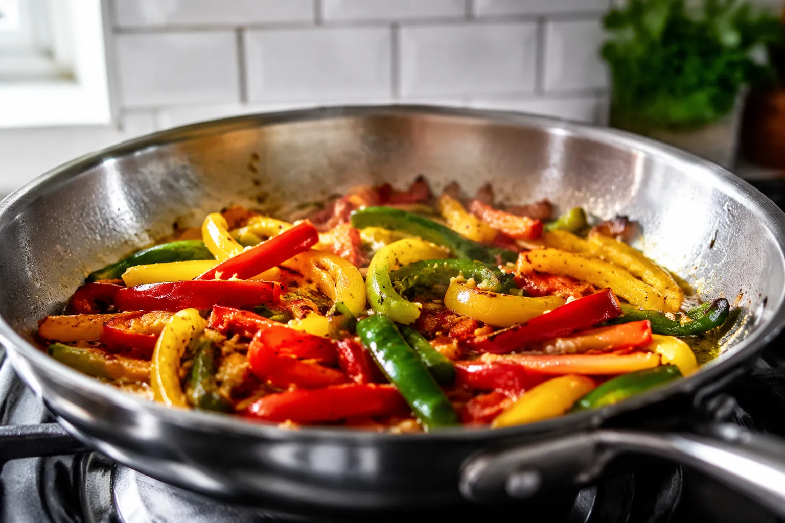 Rainbow bell peppers sautéing in a skillet for rasta pasta