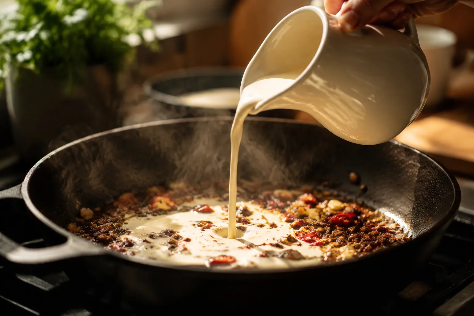Pouring heavy cream into the skillet to build rasta pasta sauce