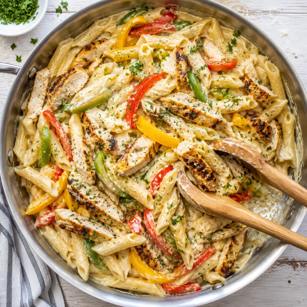 Tossing penne pasta and jerk chicken into creamy sauce for rasta pasta recipe