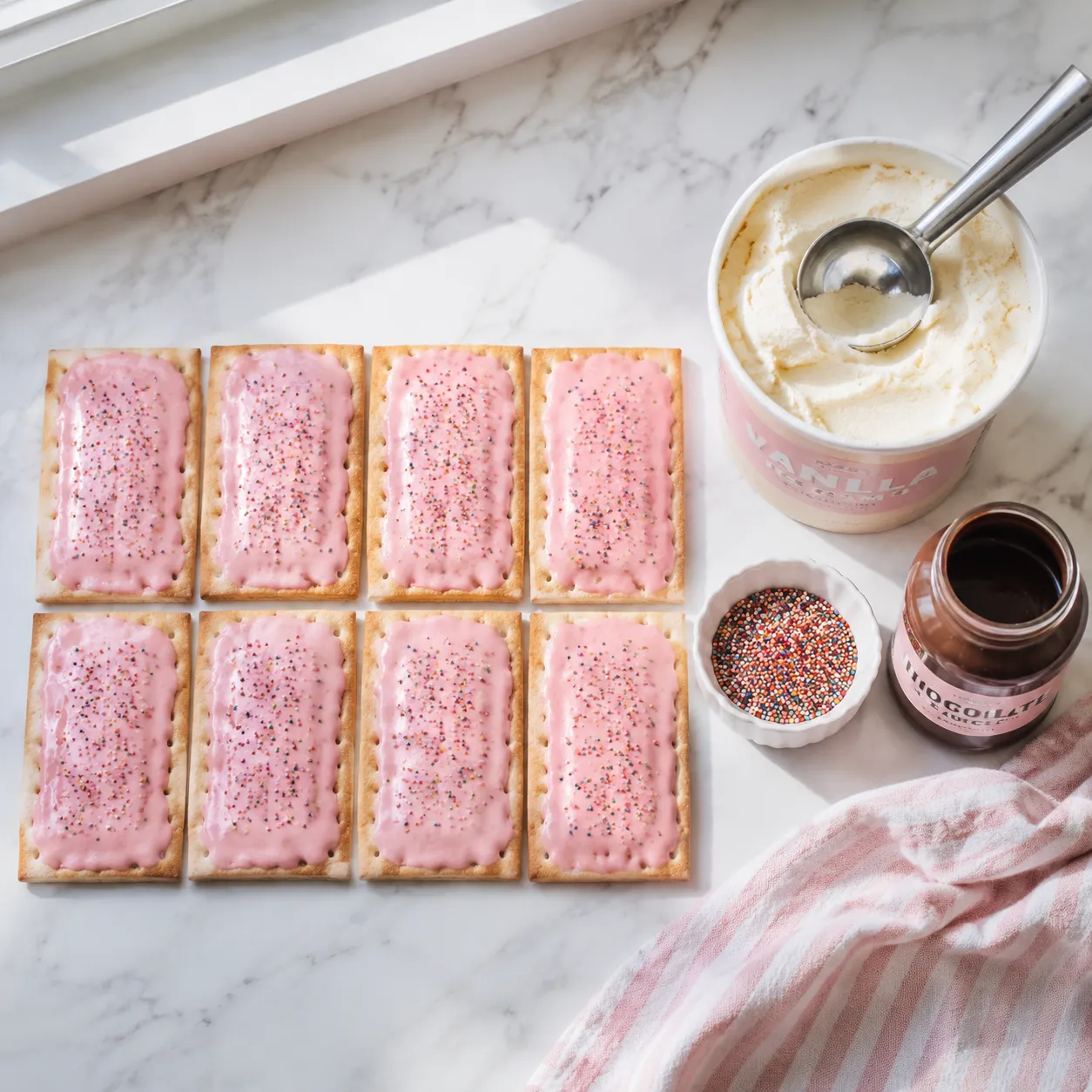 Pop tart ice cream sandwich ingredients flatlay with Pop-Tarts and vanilla ice cream