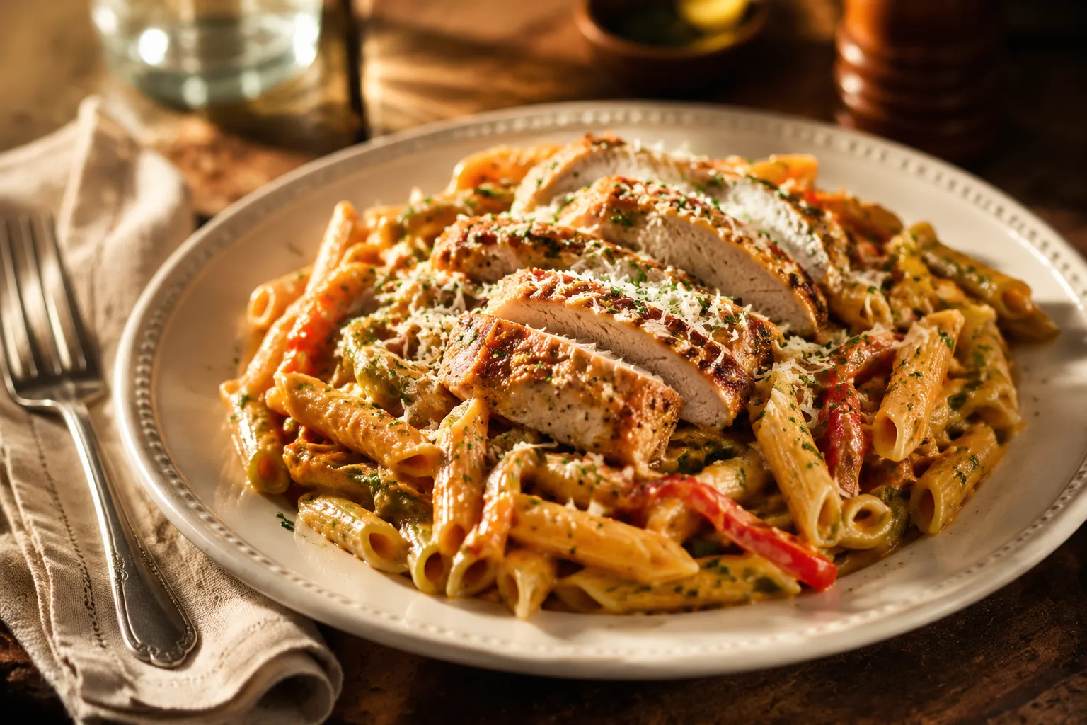 Plated rasta pasta recipe with jerk chicken, peppers, and Parmesan garnish