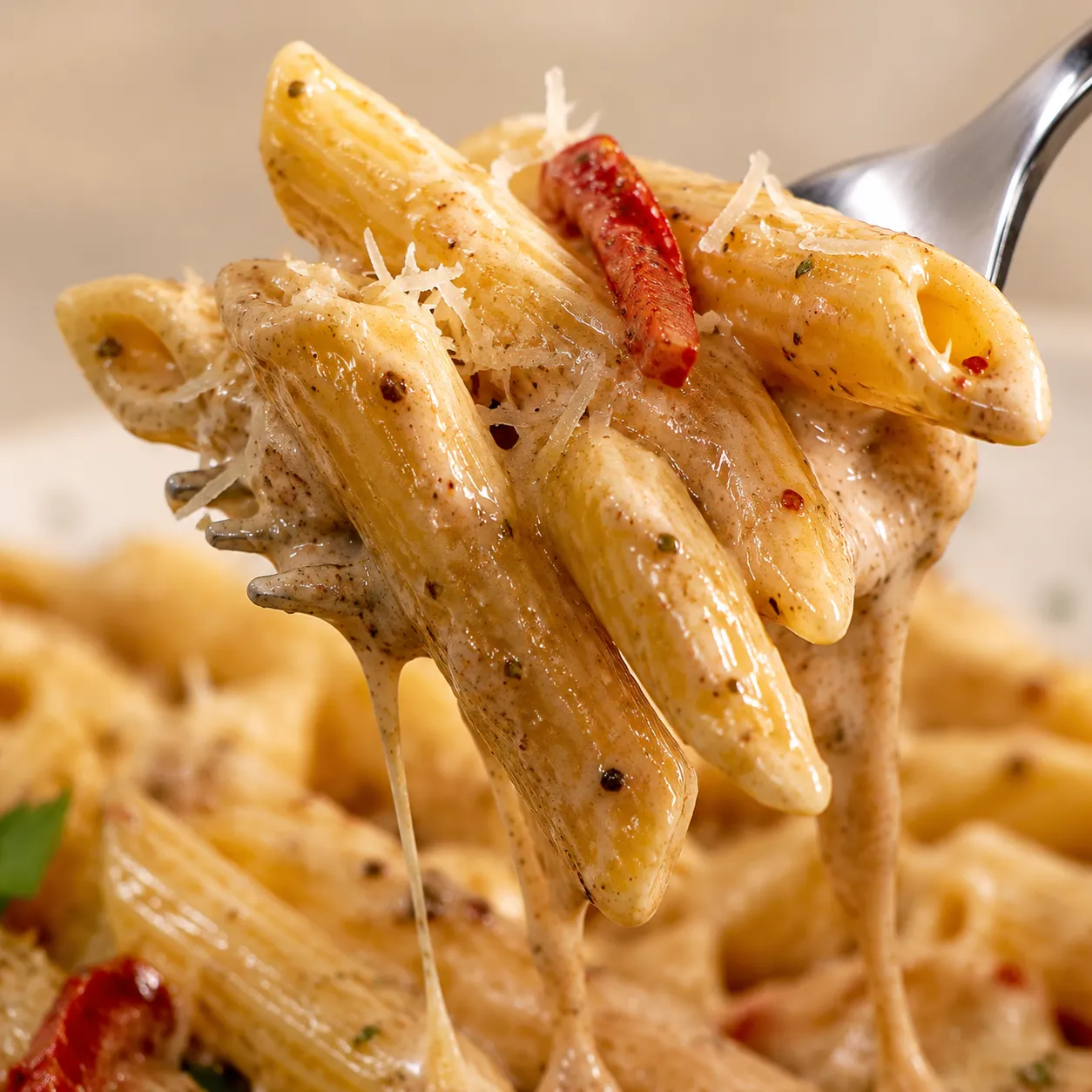 Close-up forkful of creamy rasta pasta with jerk seasoning