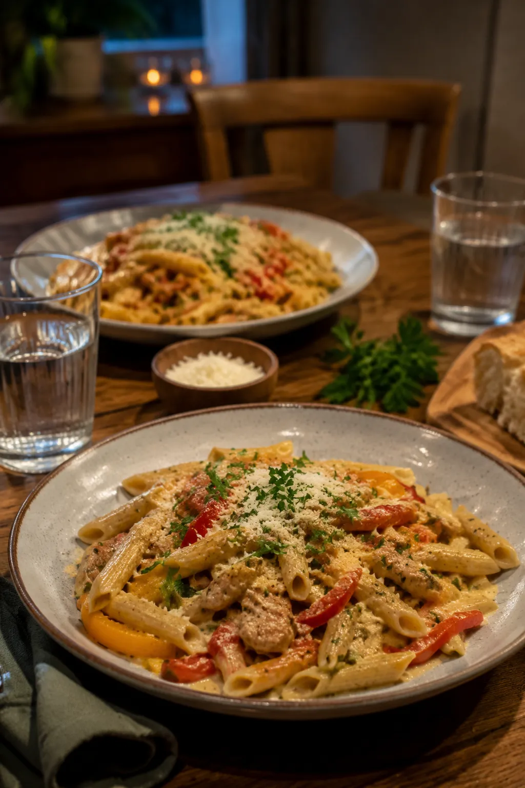 Two plates of rasta pasta served at a dinner table with bread and Parmesan