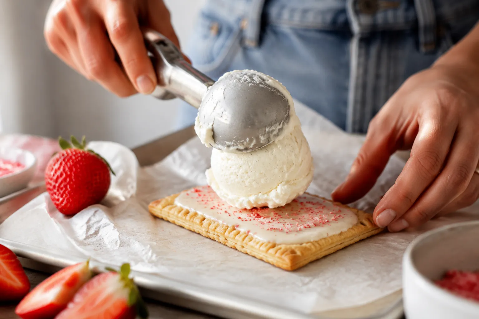 Scooping vanilla ice cream onto a Pop-Tart for an ice cream sandwich