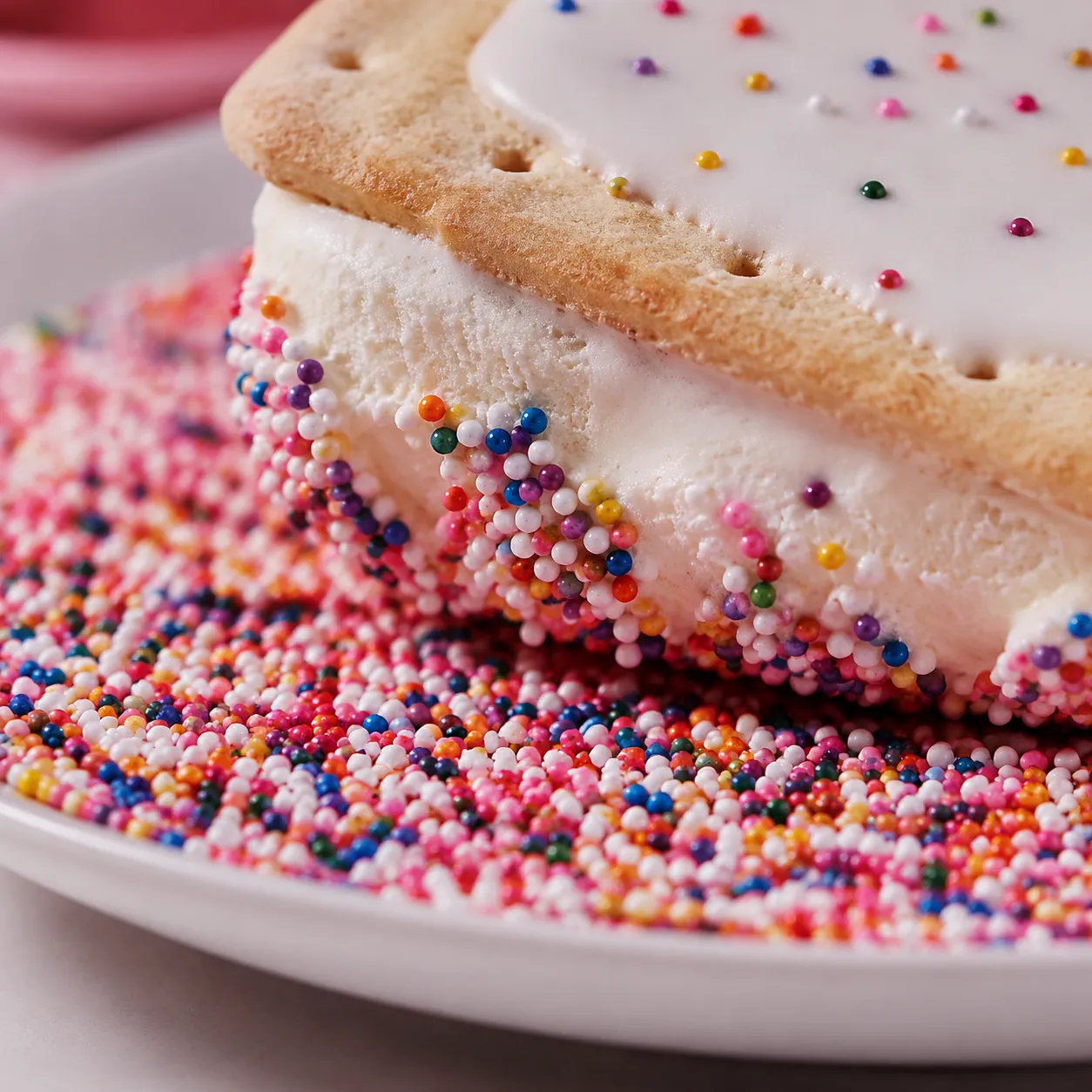 Rolling pop tart ice cream sandwich edges in rainbow sprinkles