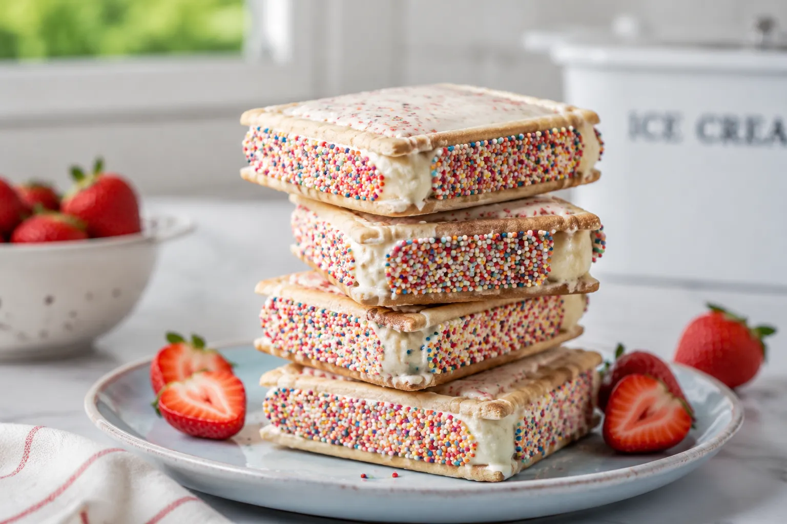Stack of finished pop tart ice cream sandwiches on a blue plate