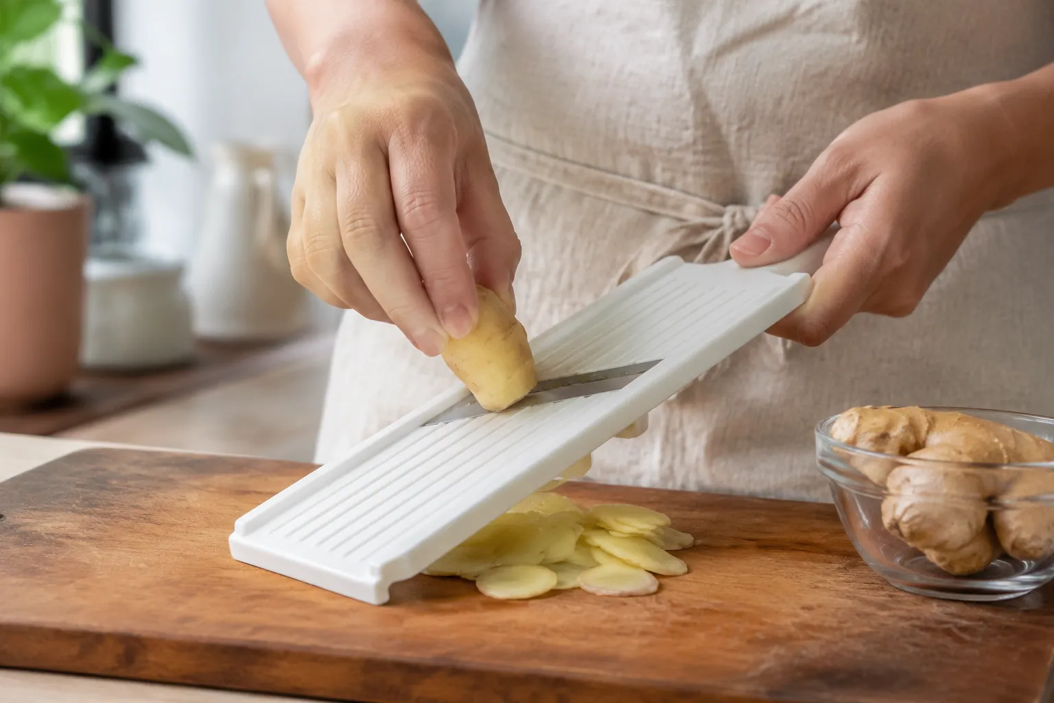 Slicing fresh ginger paper thin on a mandoline for pickled ginger recipe