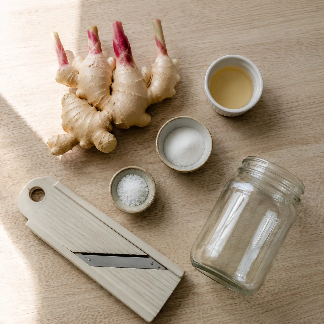 Pickled ginger recipe ingredients flatlay with young ginger, rice vinegar, sugar, salt