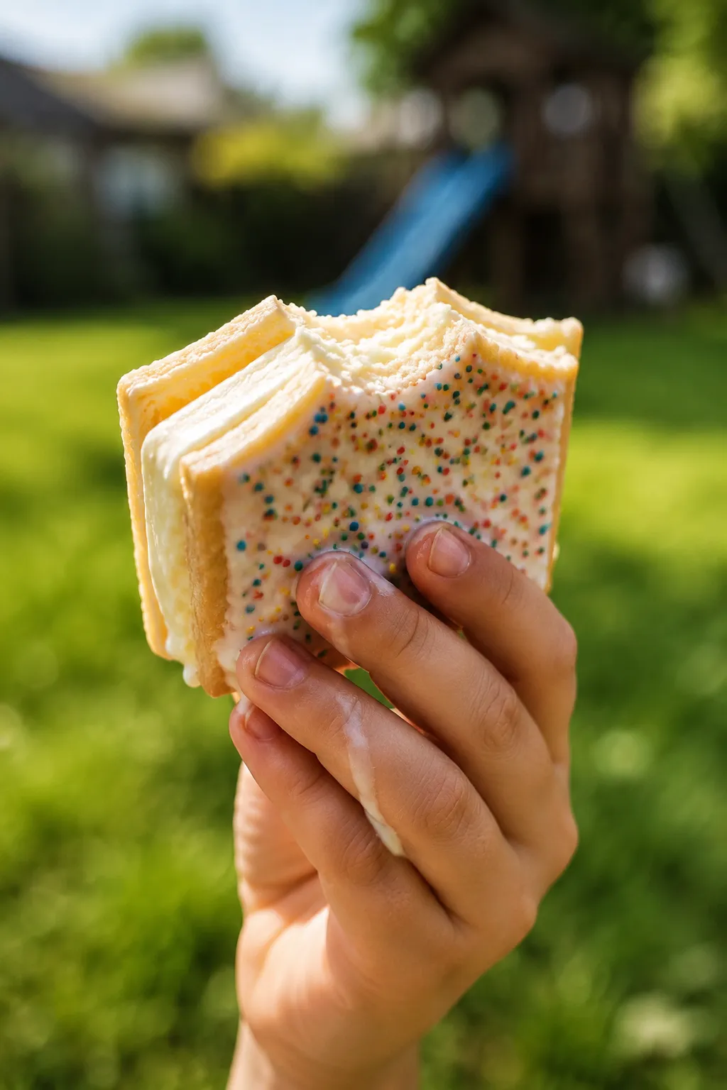 Kid eating a pop tart ice cream sandwich outdoors in summer