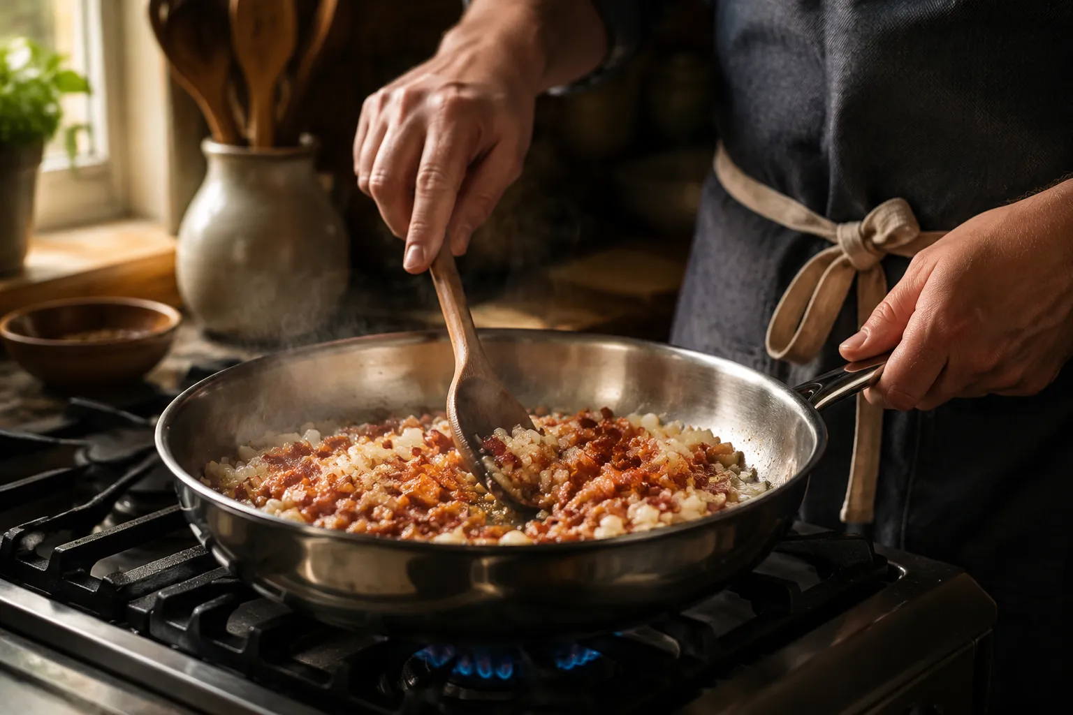 Cooking bacon and onions for baked beans dishes recipe in a skillet