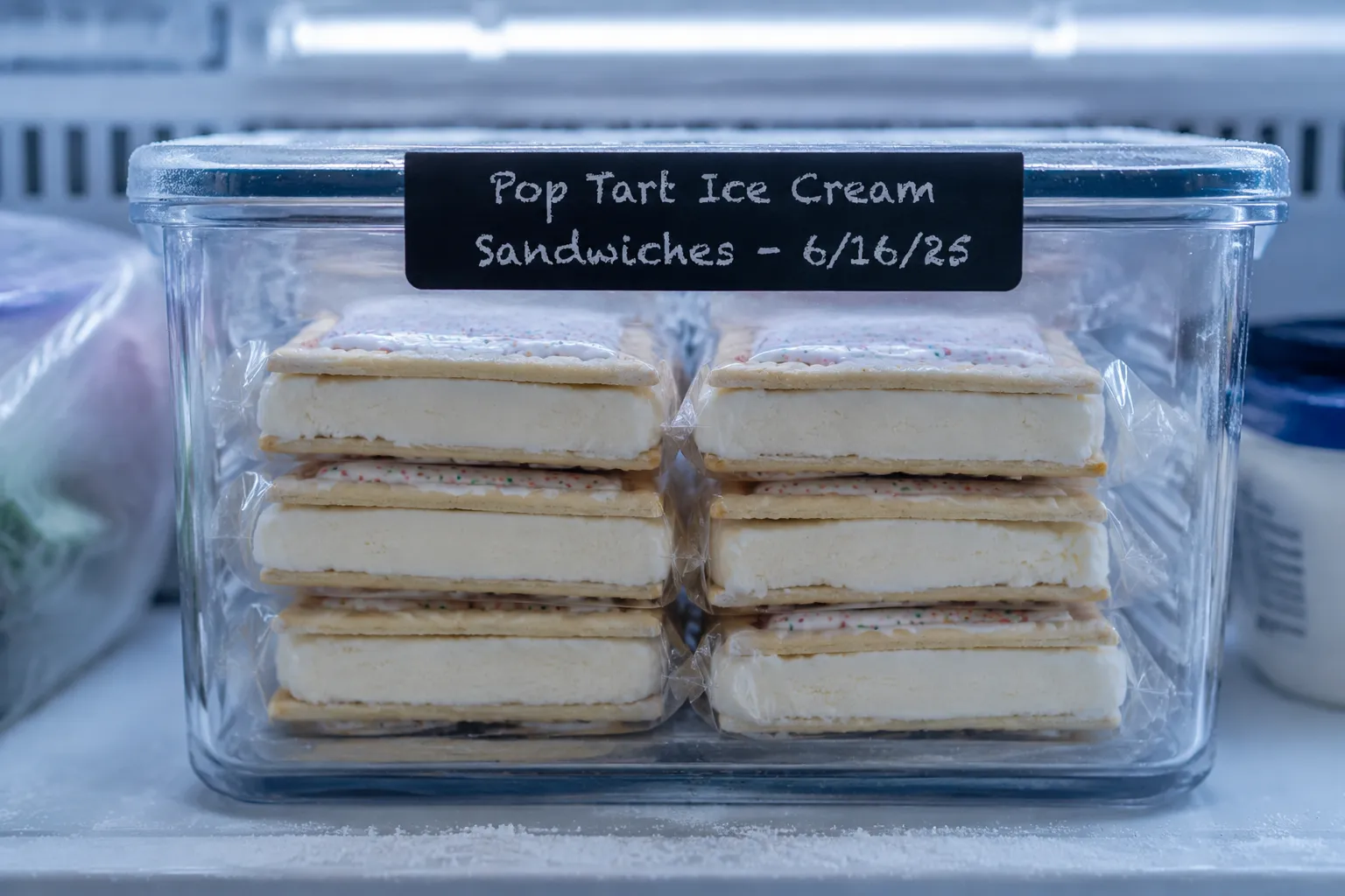 Storing homemade pop tart ice cream sandwiches in a freezer container