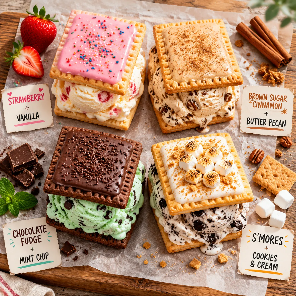 Four pop tart ice cream sandwich flavor variations side by side