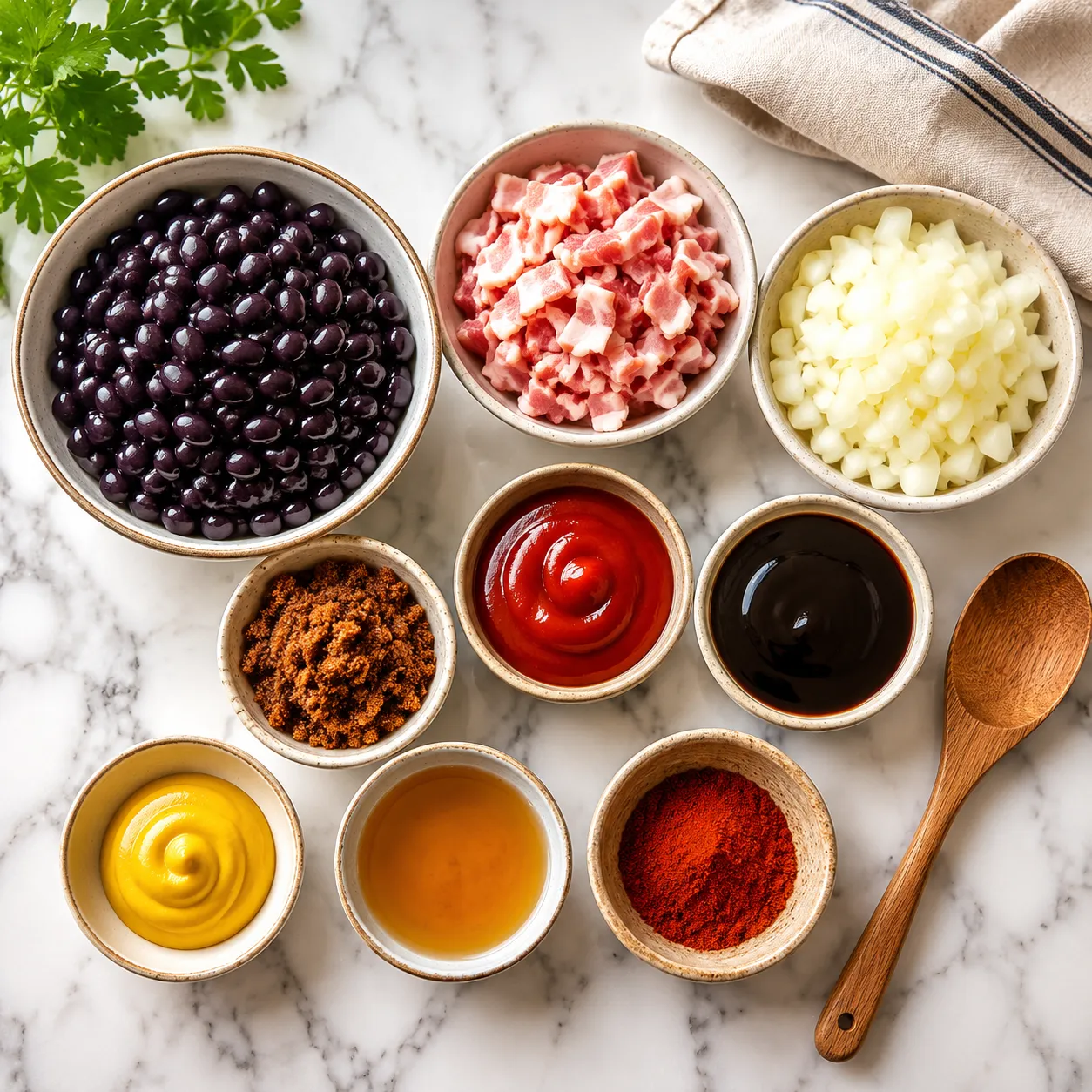 Ingredients for homemade baked beans recipe laid out on a marble surface