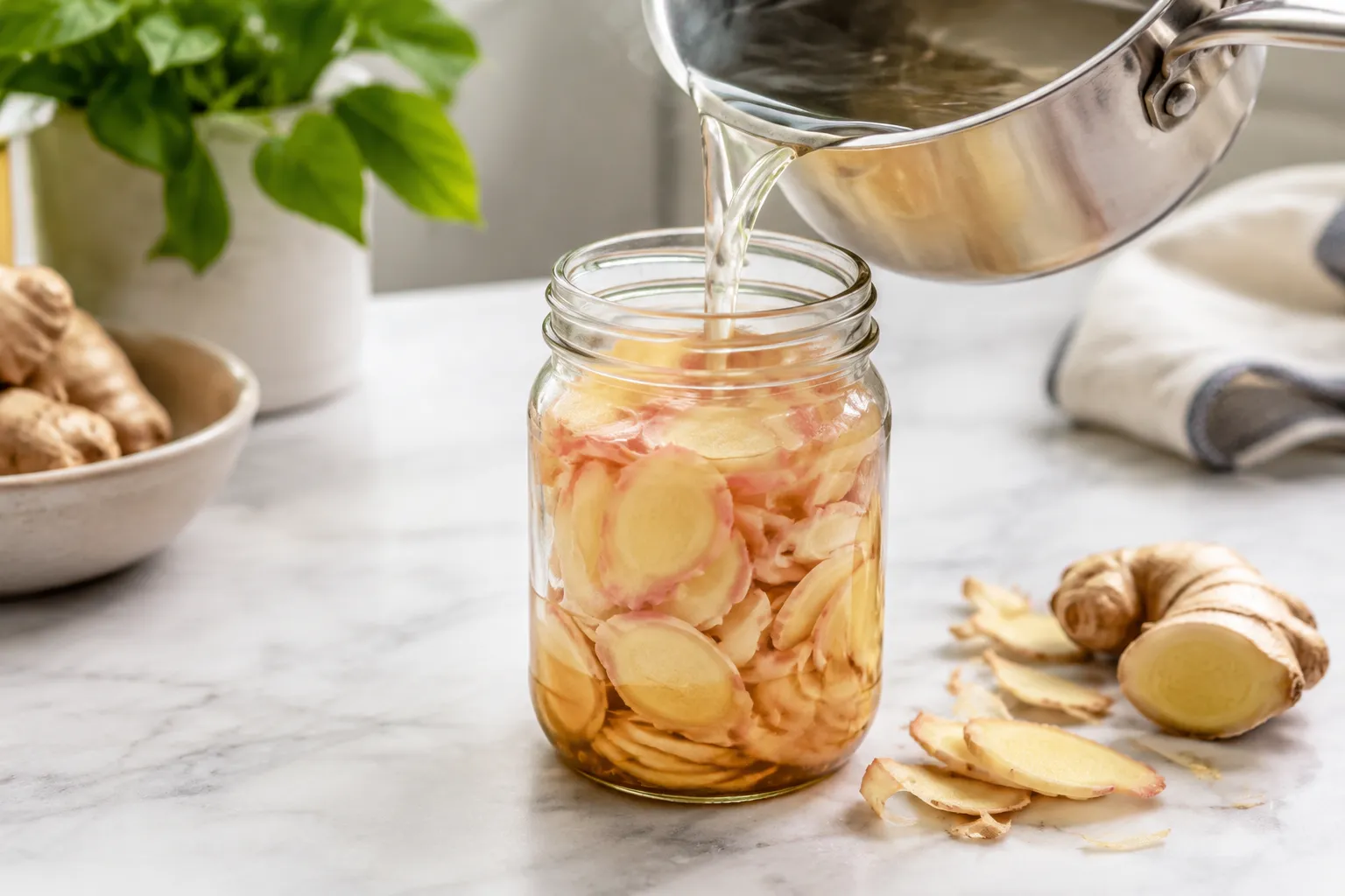 Pouring hot vinegar brine over sliced ginger to make pickled ginger gari