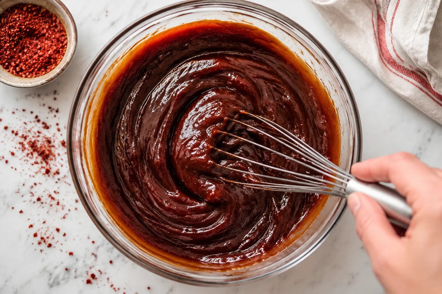 Whisking sweet and tangy BBQ sauce for baked beans recipe