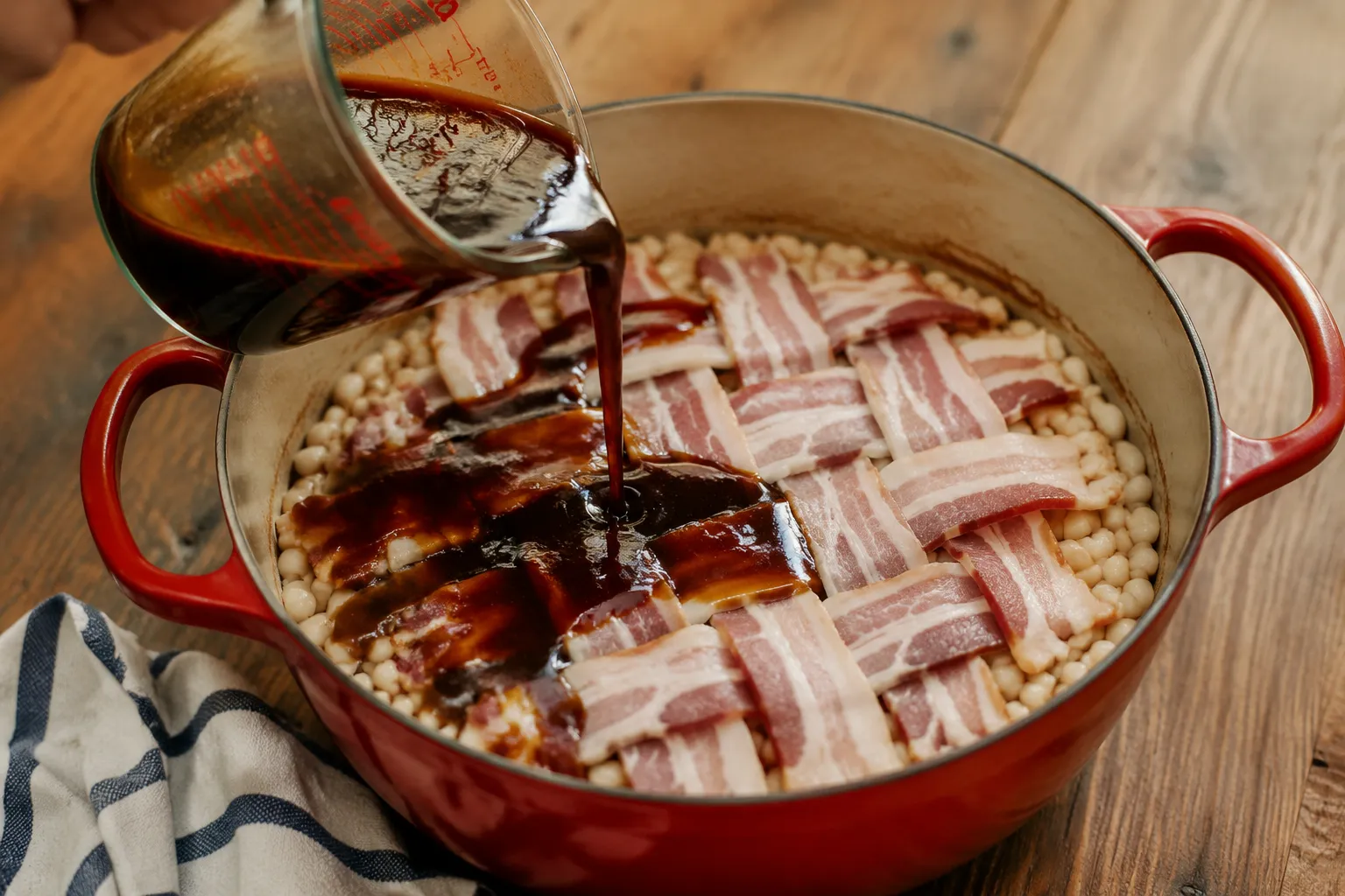 Pouring BBQ sauce over beans and bacon in a Dutch oven for baked beans recipe
