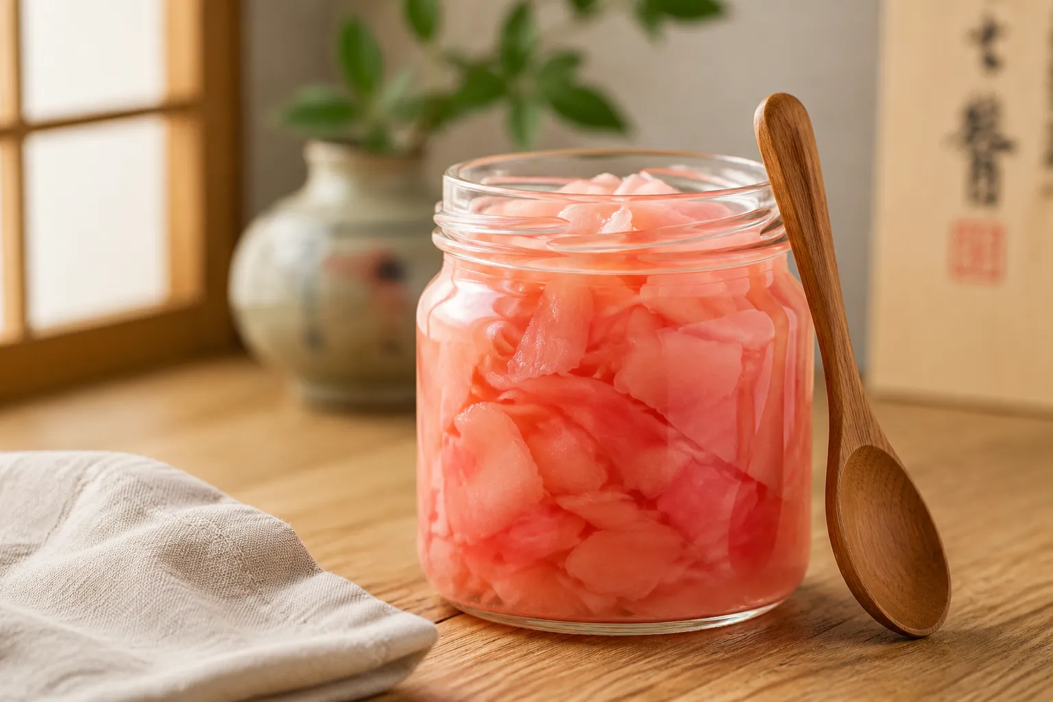 Finished jar of homemade pickled ginger with natural pink color