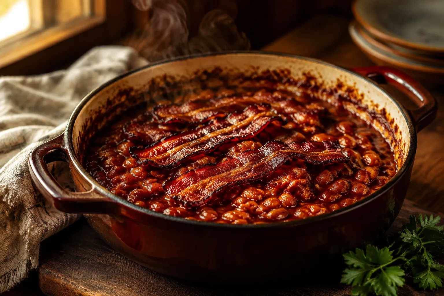Finished baked beans dishes recipe with crispy bacon topping fresh from the oven