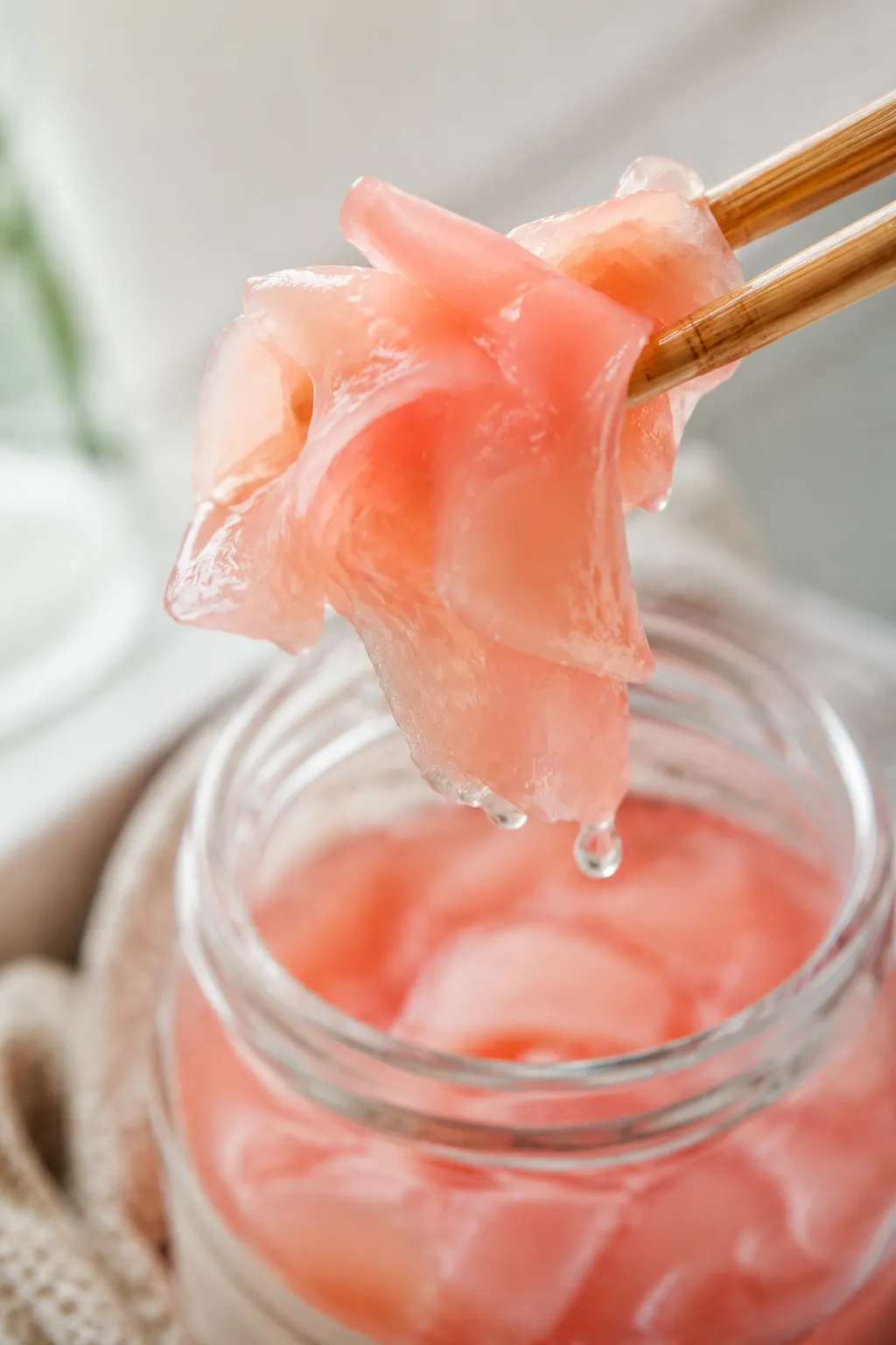 Close up of pickled ginger ribbons lifted from jar with chopsticks