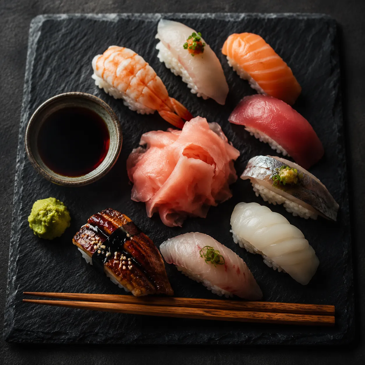 Sushi platter served with homemade pickled ginger, soy sauce, and wasabi