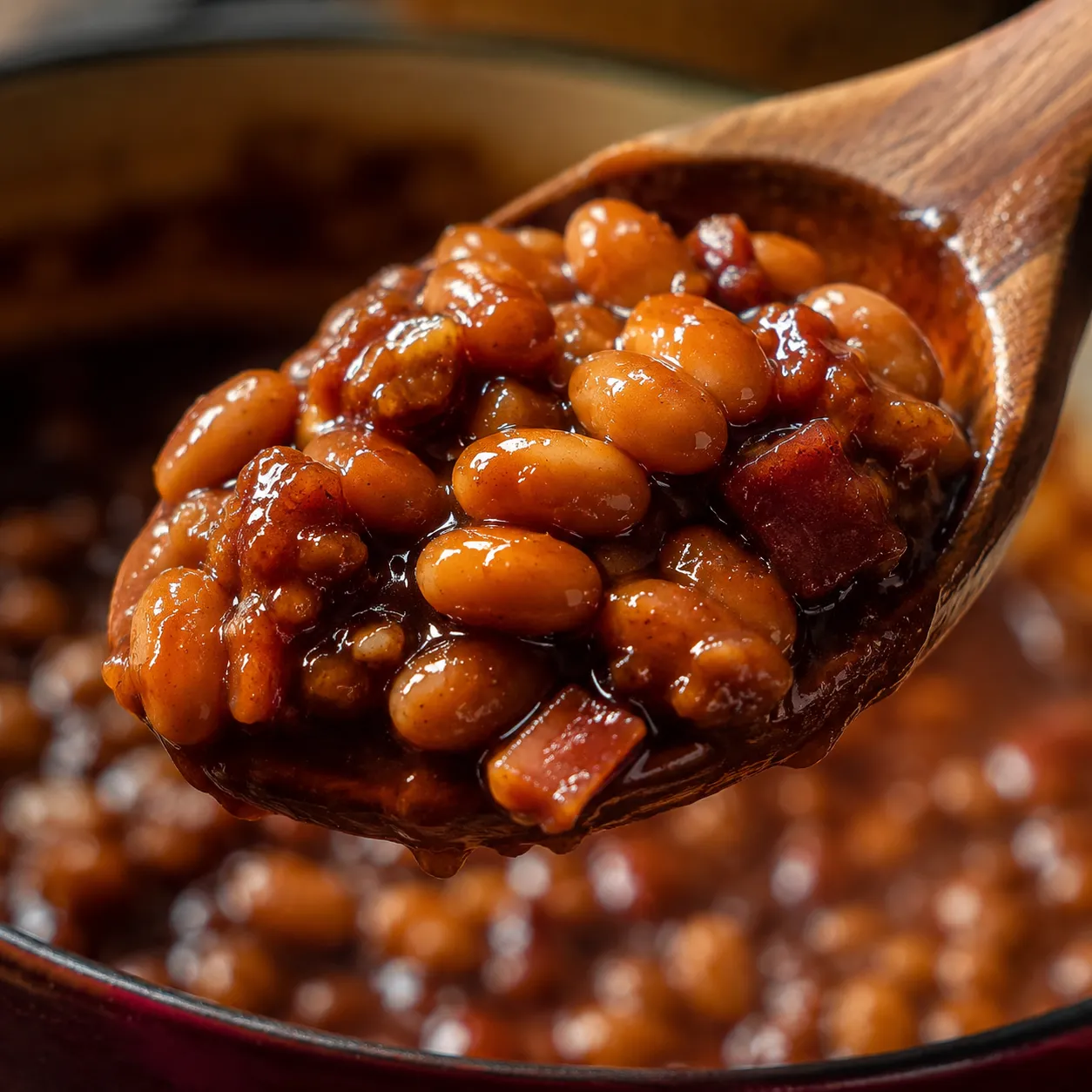 Close-up of saucy homemade baked beans on a wooden spoon